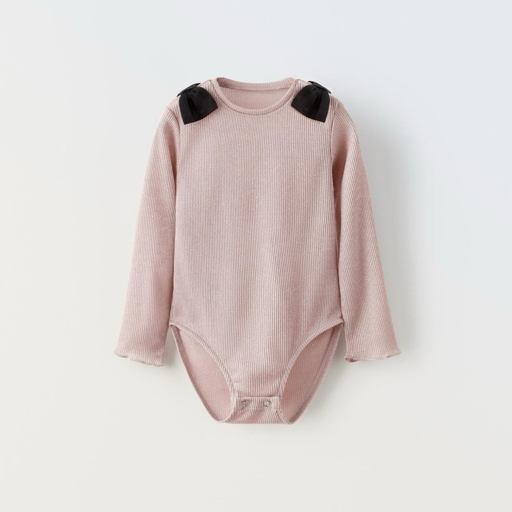 NWOT • 2-3 years • Girls Sparkle Blush Pink Bodysuit w/ Black Bow detail